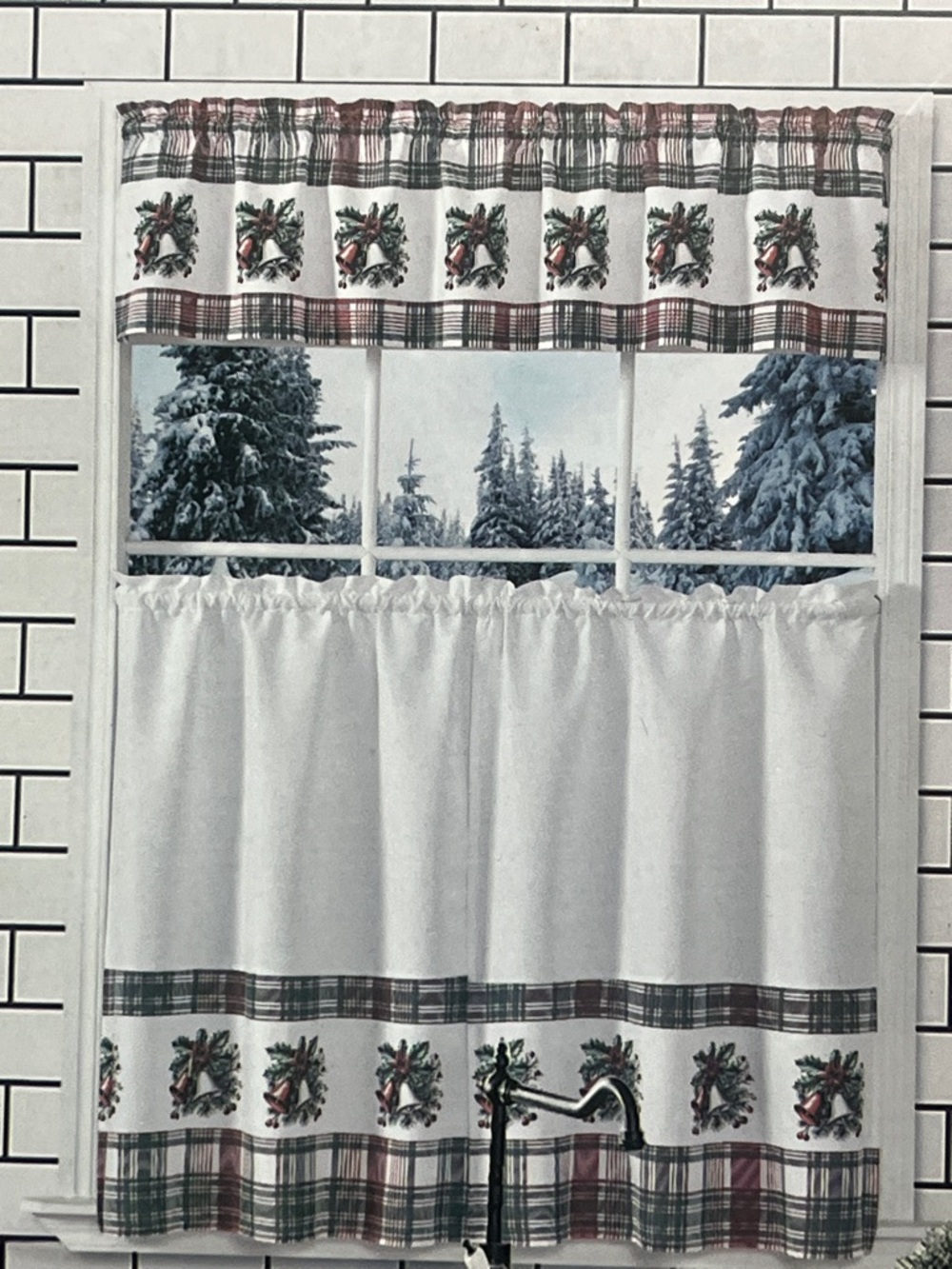 Holiday Plaid Kitchen Curtain Set - White with Red & Green Accents